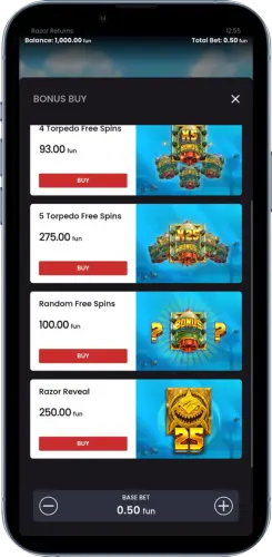 Razor Returns Bonus Buy selectie met free spins opties