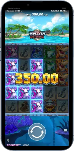 Razor Returns gameplay screen with 350 win on mobile
